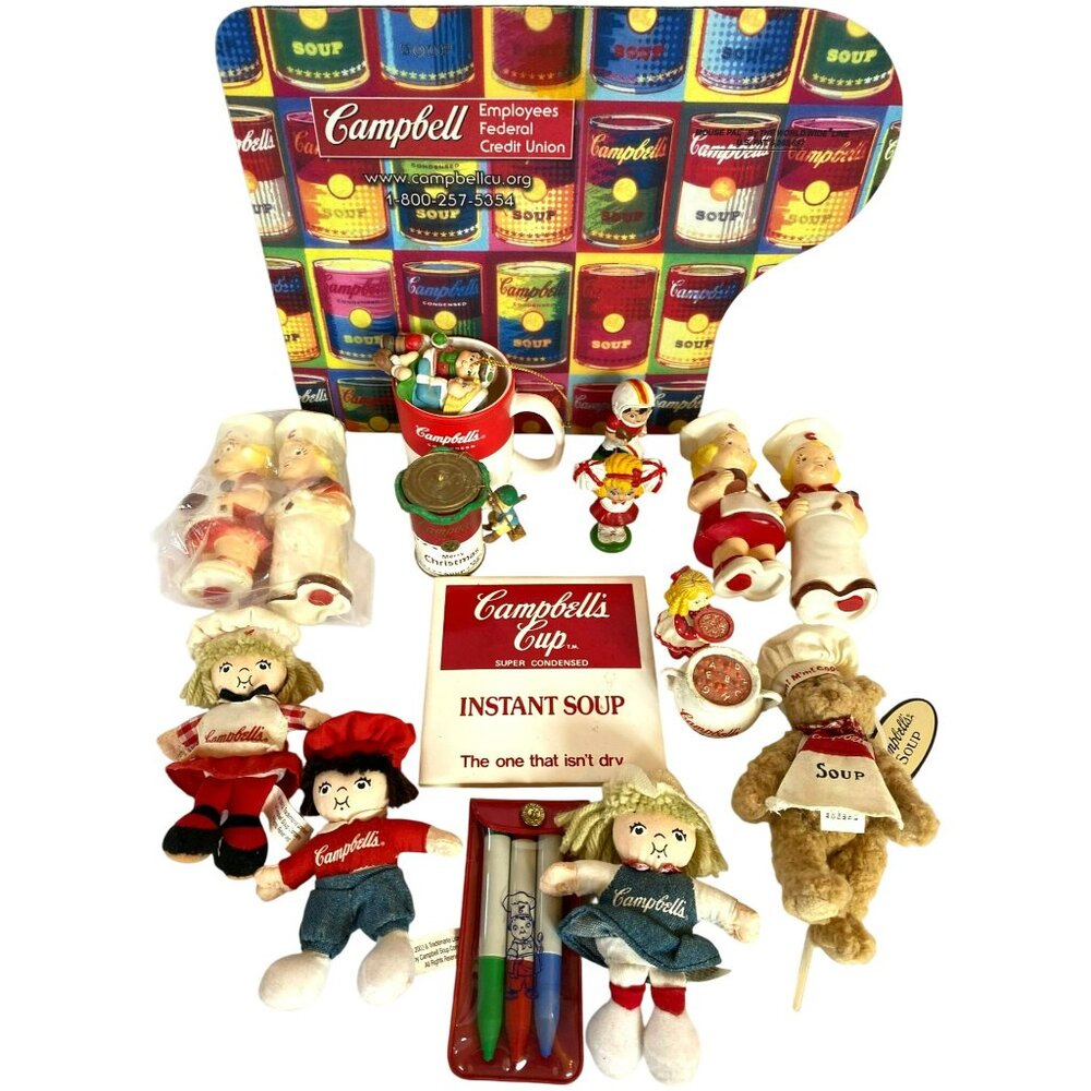 Campbells Soup Vintage Dolls Salt Pepper Ornaments Mouse Pad Markers More! RARE
